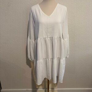 Womens Tiered Babydoll Dress Long Sleeve V Neck White Size L